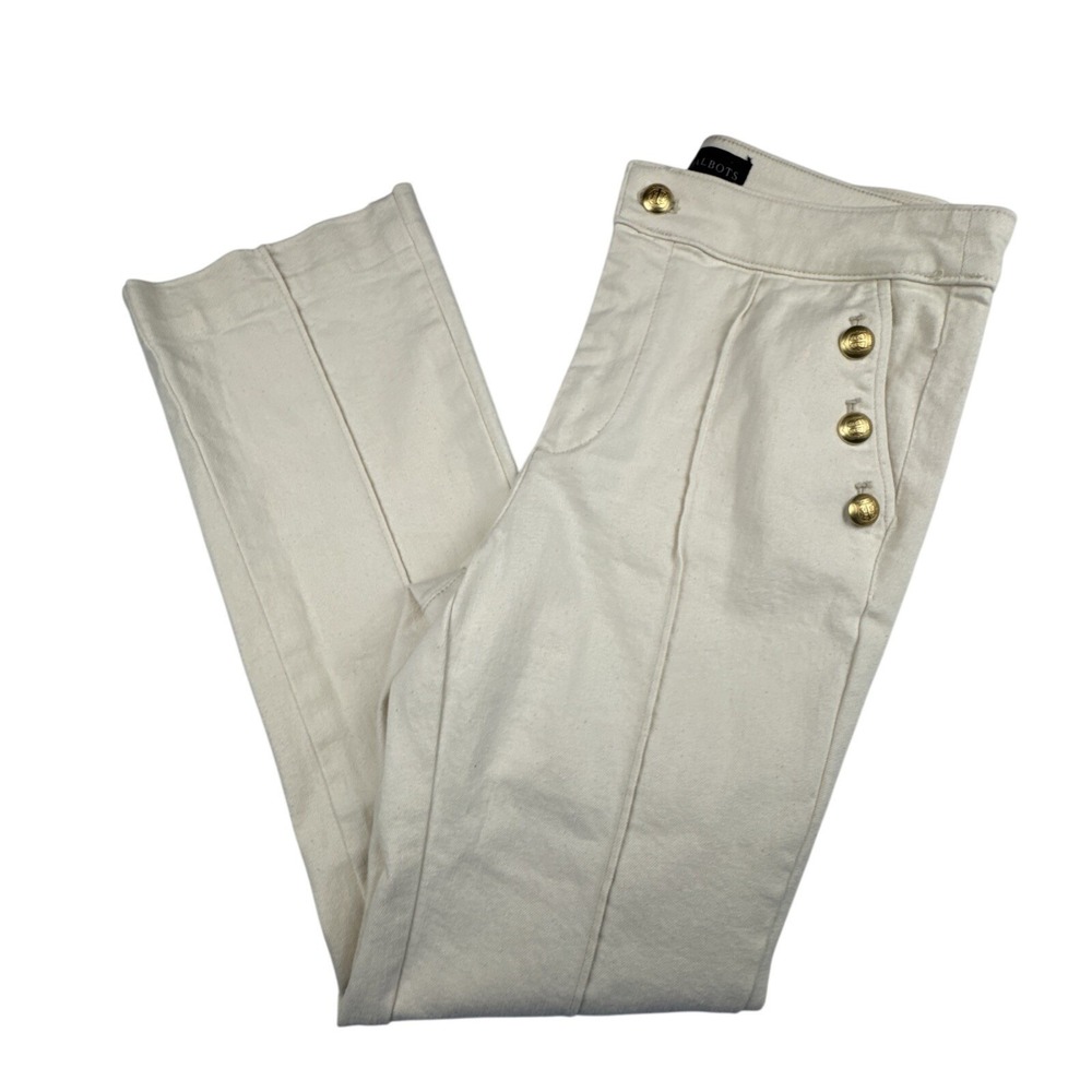 Talbots Womens Flare Jeans 6P Ivory Denim Nautical Sailor Gold Button Coastal